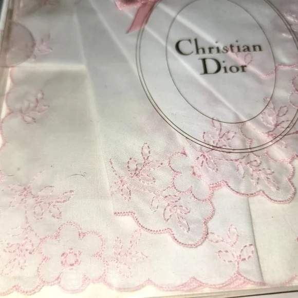 New Vintage Christian Doir Handkerchief Pink White
